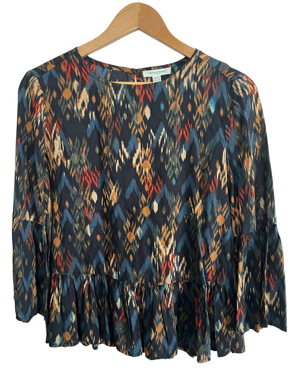 BeachLunchLounge Women’s XS Abstract Ikat Peplum Blouse Bell Sleeve Boho Top